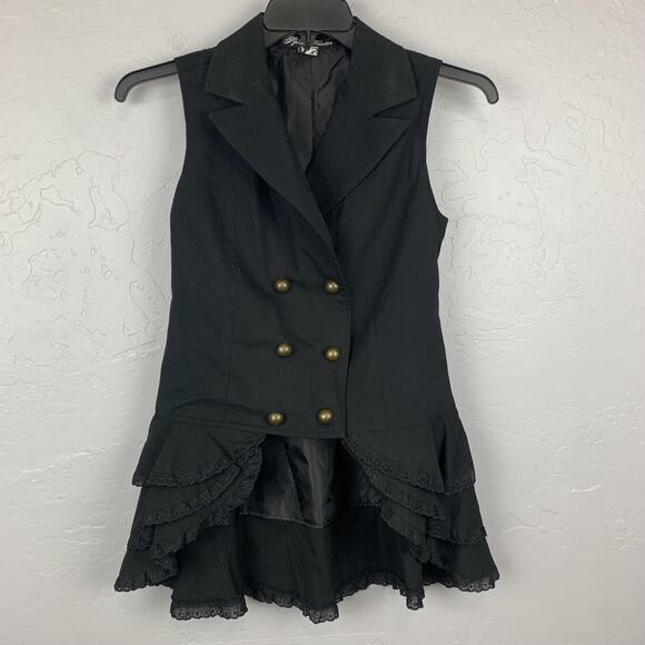 Spin Doctor Vest Womens Small Black Steampunk Gothic Lace Ruffle Witchy - Picture 1 of 8
